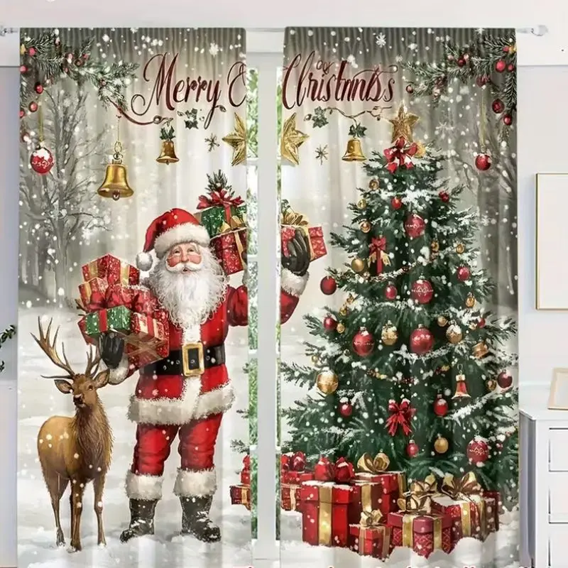 VIKAMA Christmas Blackout Curtains Red Santa Snowman Xmas Tree Gift Print Window Drapes For Living Room Bedroom Dining Room