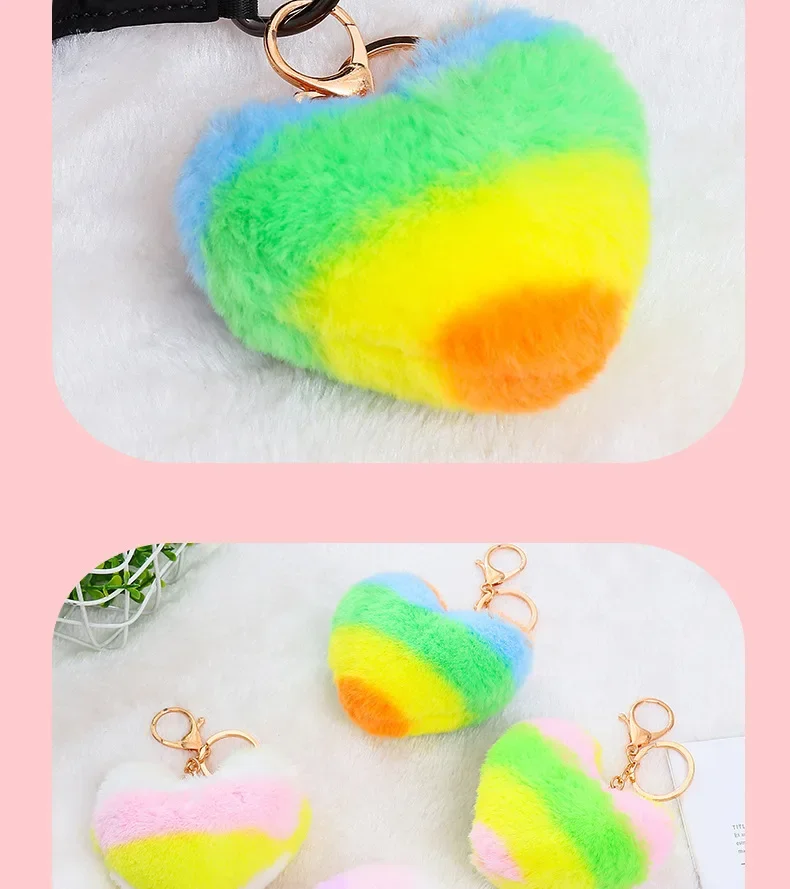 Hati pompom gantungan kunci Rainbow Pom-pom gantungan kunci tas tangan wanita gantungan kunci buatan tangan aksesoris gantungan kunci liontin Dekorasi