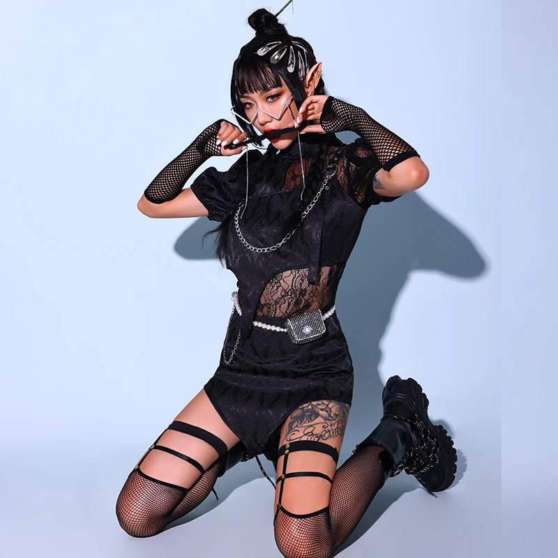 New Gogo Dance Costume Women Nightclub Dj Singer Clothing Rave Black Lace Kpop Outfit Hip Hop Jazz Performance Stage Wear BL7710