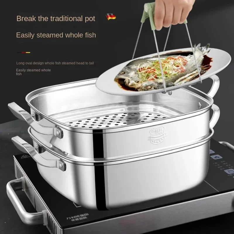 Square Steamer Household 316 Stainless Steel Thickened Double-Layer Three-Layer Steamer Tray Multifunctional Gas Electromagnetic