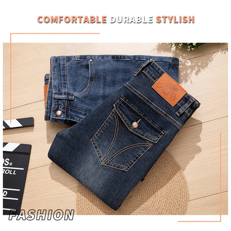 

Autumn Winter Thick Middle-aged Men's Jeans Stretch Slim Straight Versatile Retro Flap Pocket Business Pants
