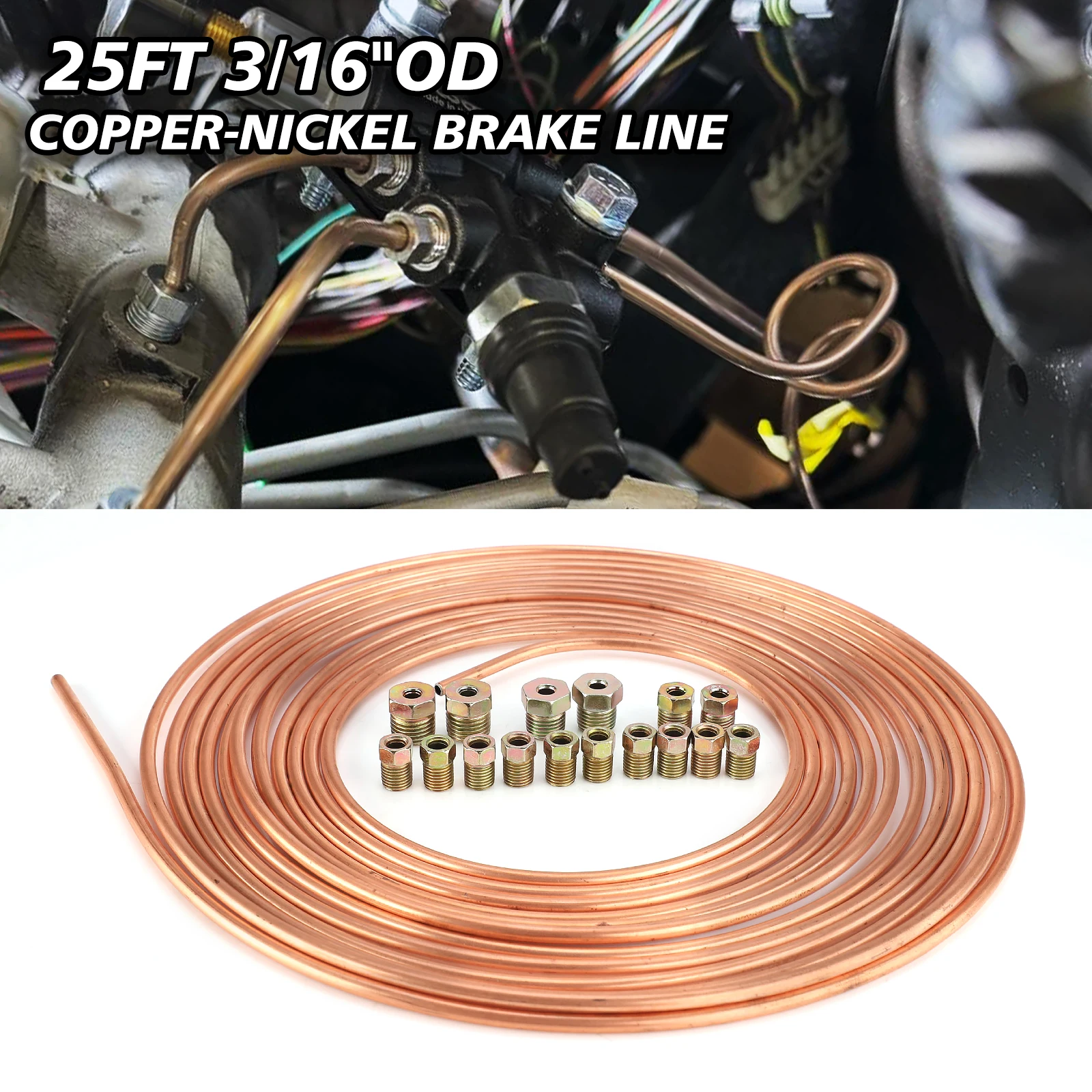 16PCS Nuts Galvanized Copper Hose Line Piping&25FT 7.62m Car Roll Tube Coil of 3/16\