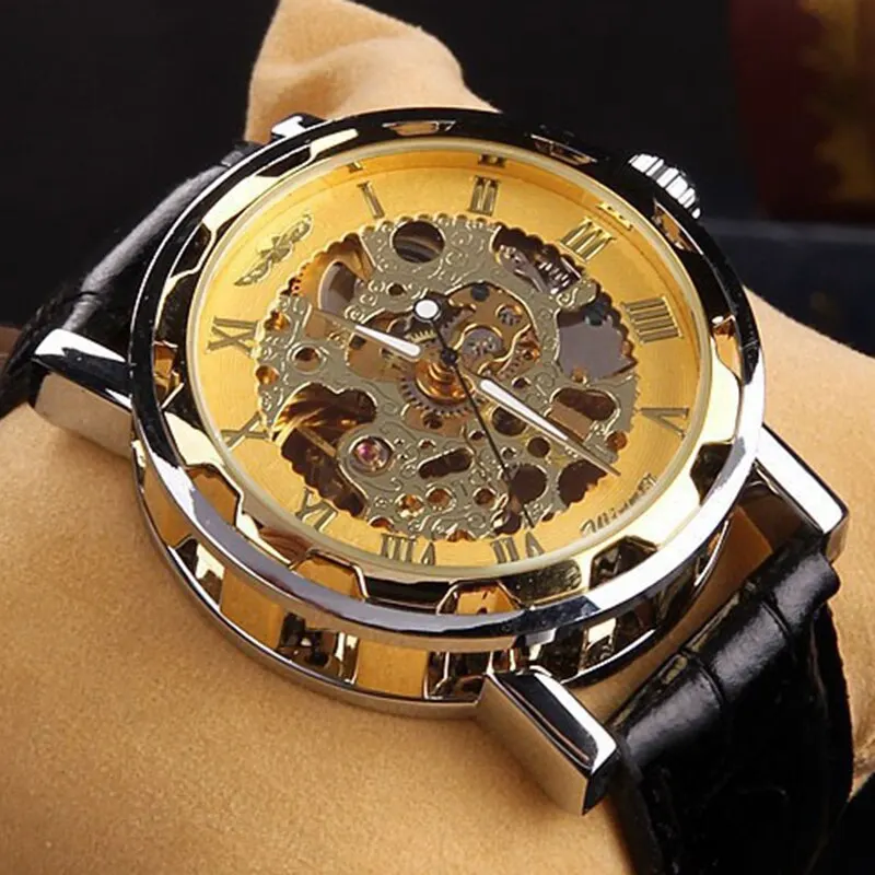 Männer Mechanische Armbanduhr Mit Schwarz Lederband 1pc Luxus Mode Edelstahl Skeleton Mechanische Uhr Für Business