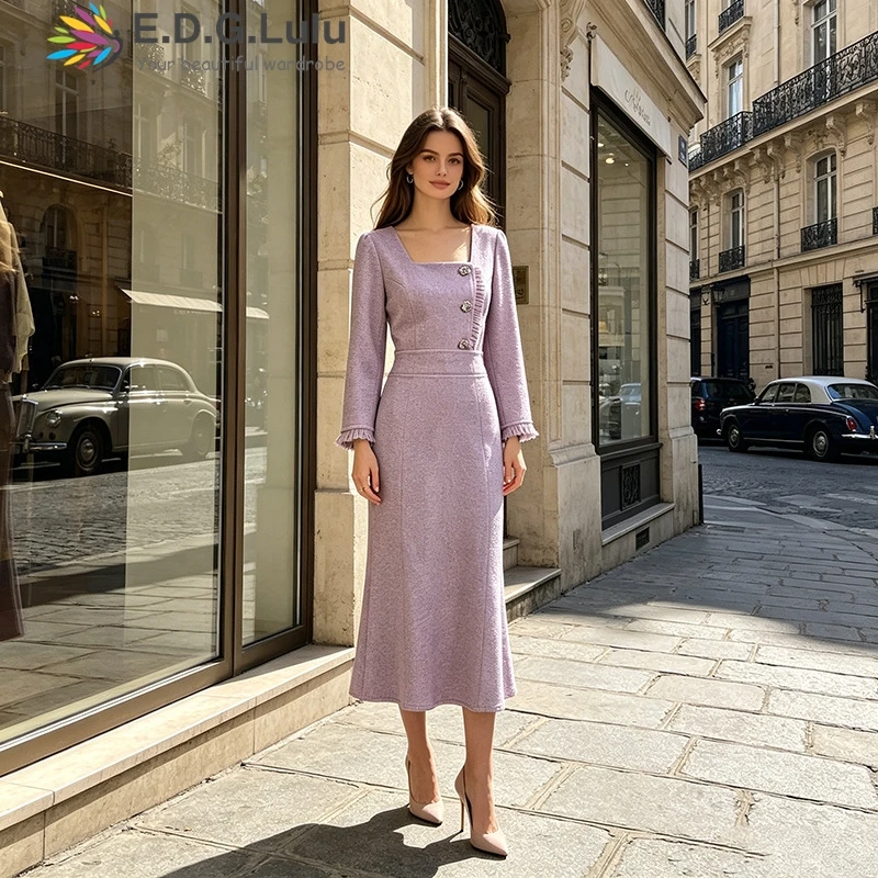 EDGLuLu Square Collar Single Buckle Splicing White Dress Woman 2026 New Long Sleeved Elegant Long Dress 0709