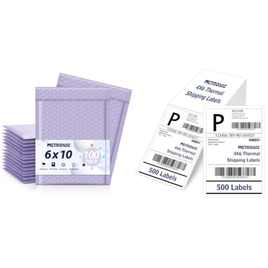 

Bubble Mailers 6x10" 100 Pack Lilac Purple and Fanfold Direct Thermal Labels 4x6 500 PCS Mailing Shipping Supplies for Small Bu