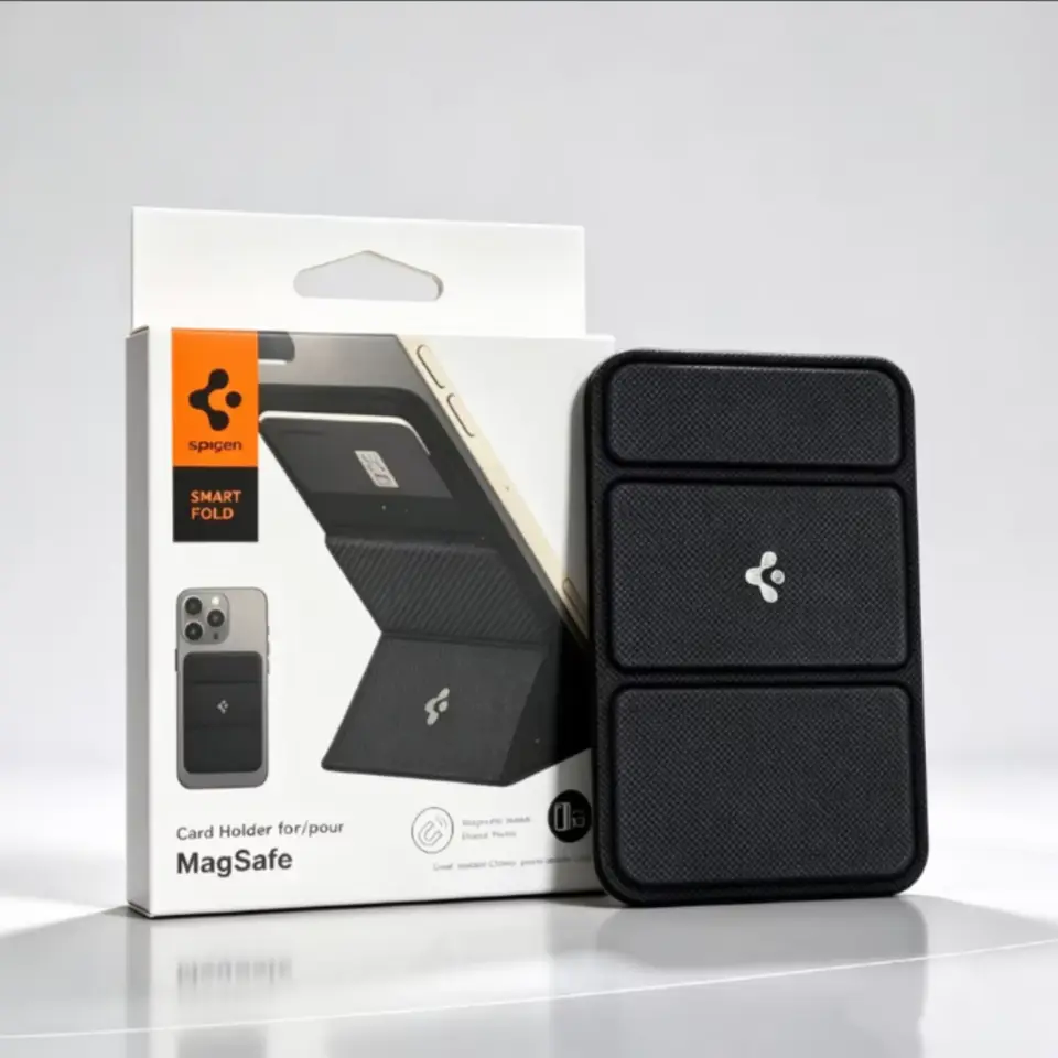 حامل بطاقات Spigen قابل للطي مغناطيسي من الجلد لهواتف iPhone 17 16 15 Pro Max حامل متعدد الوظائف للهاتف