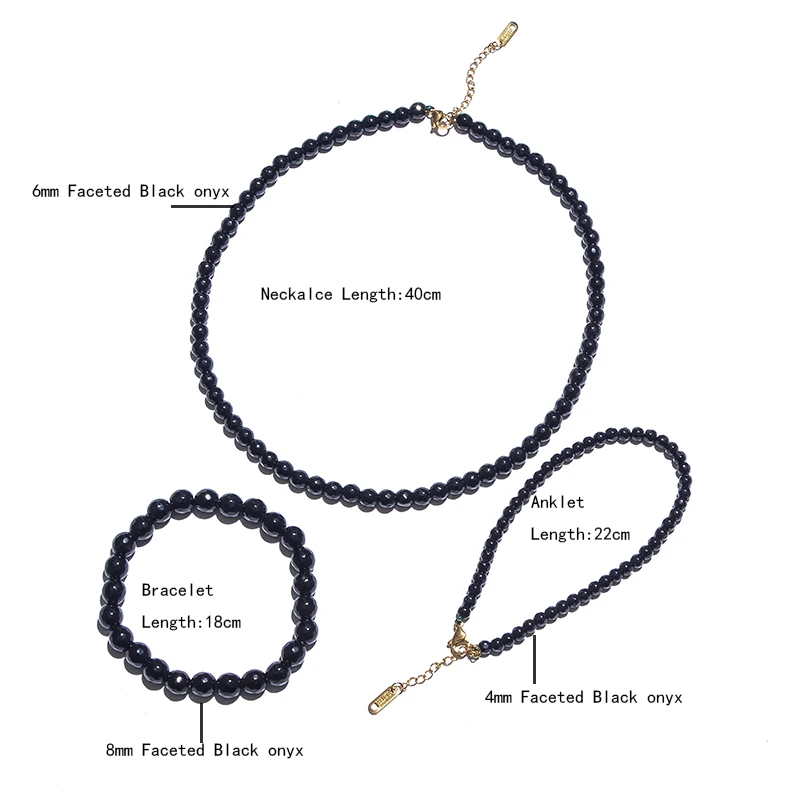 Faceted Black Onyx Beaded Choker Necklace Anklet Set Summer Beach Women\'s Jewelry Gift with Stainless Steel Lobster Clasp