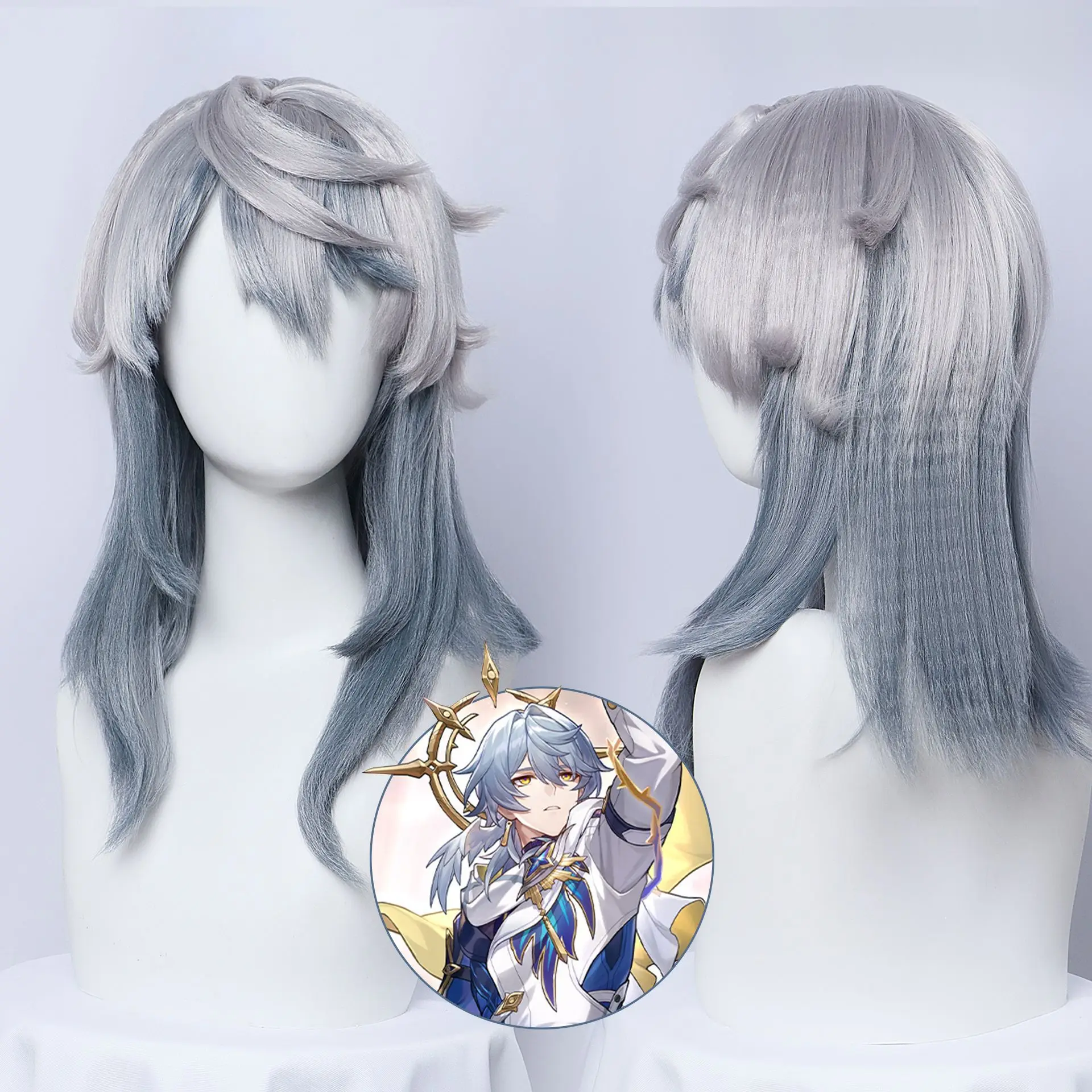 High Quality Honkai:Star Rail Sunday Cosplay Wig 52cm Gray Blue Gradient Hair Heat Resistant Synthetic Anime Wigs + Wig Cap