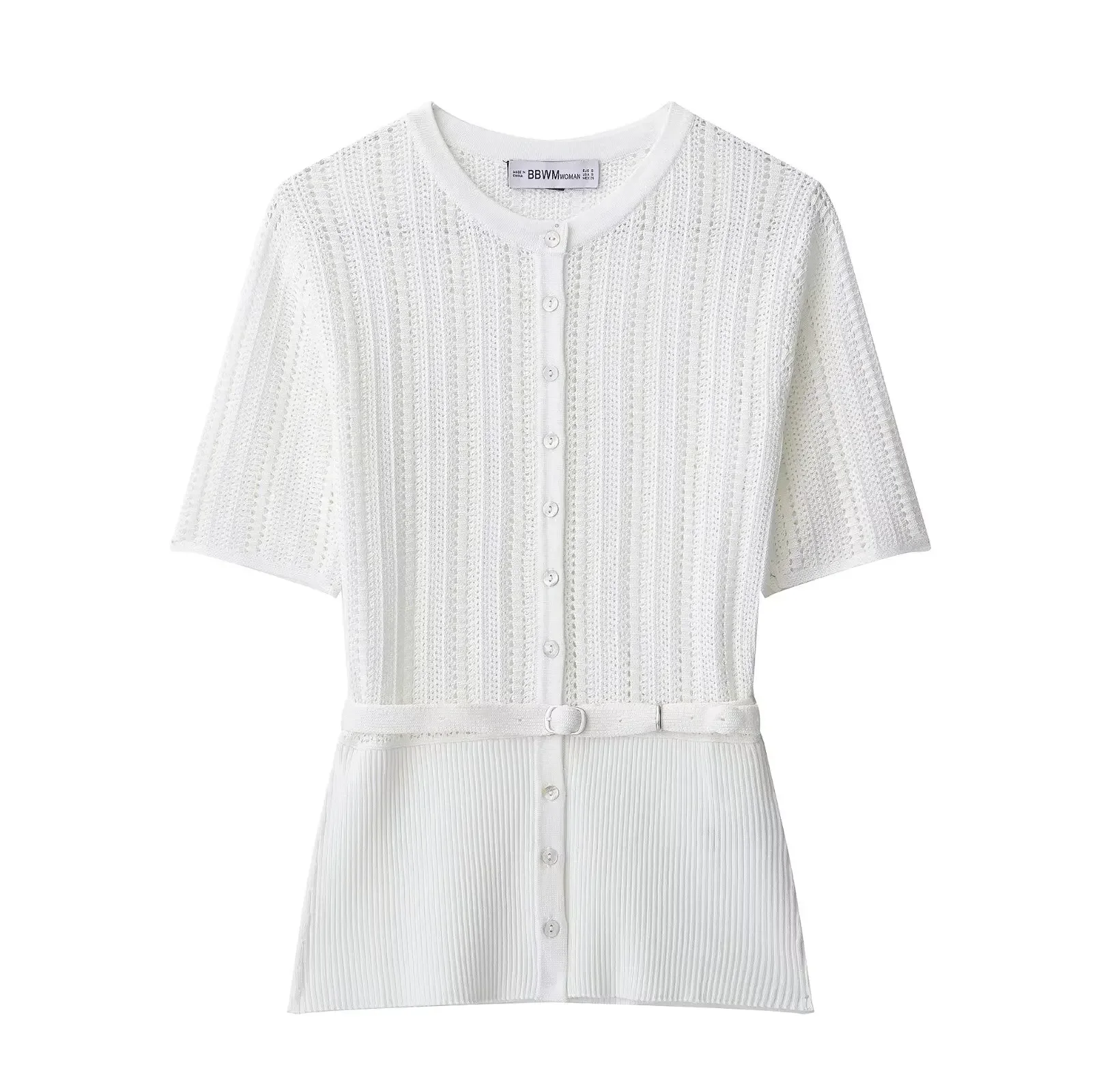 

New Fashion Women Casual With Belt Beige Knitted Sweater O-Neck Vintage Female Chic Lady Casual Short Sleeves Blouse