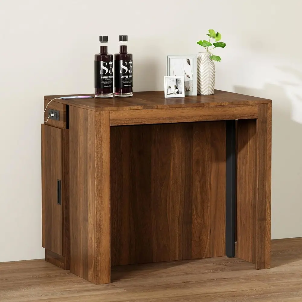 Expandable Walnut Dining Table with Storage, Multi-Capacity Console, Built-in Outlet for Home & Apartment