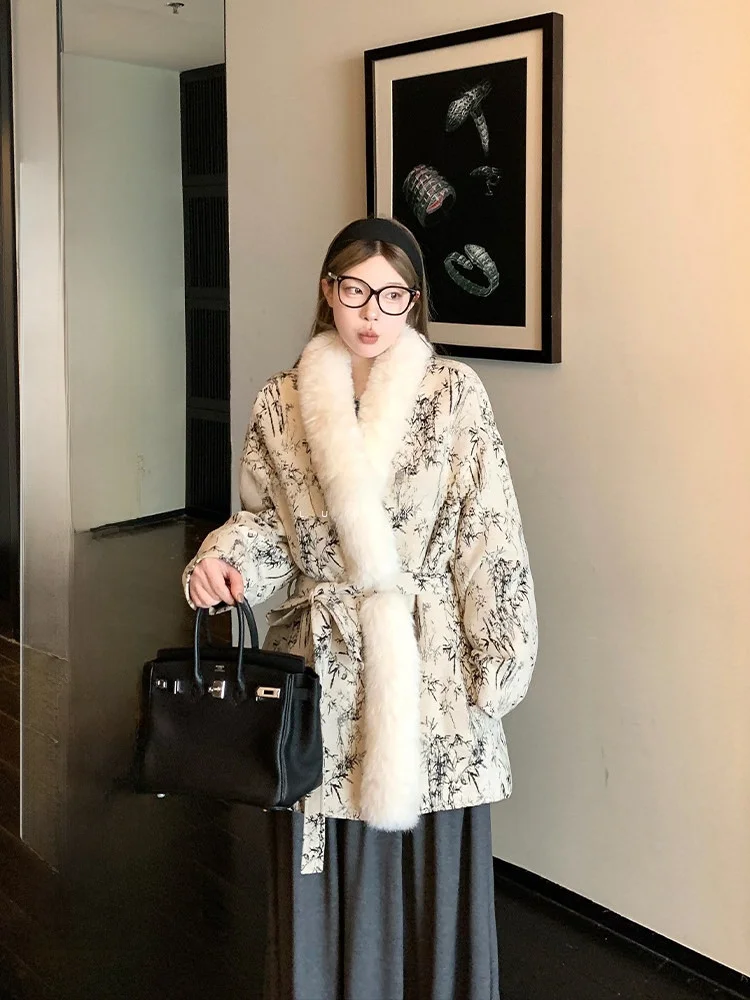 

New Chinese Style Water-Mark Print Loose Women's Cotton Jacket with Fur Collar Autumn Winter Outerwear Casual Business Ladies...