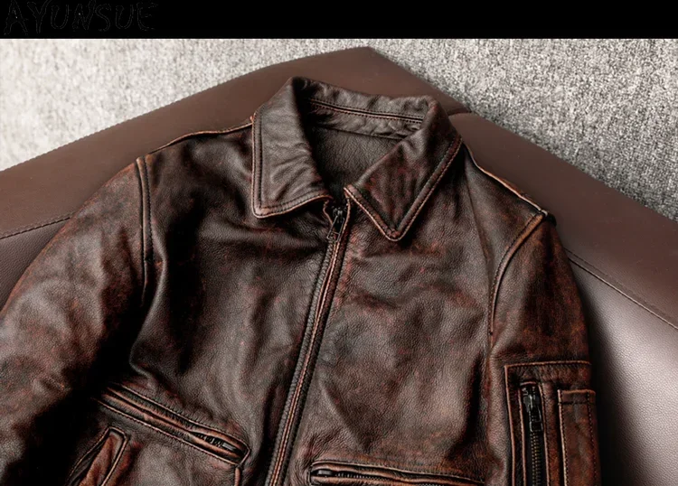 AYUNSUE chaqueta de cuero de vaca auténtico para hombre, abrigos cortos Vintage de piel de vaca, abrigos de cuero genuino a la moda para otoño, chaqueta Bomber para hombre, Chaquetas