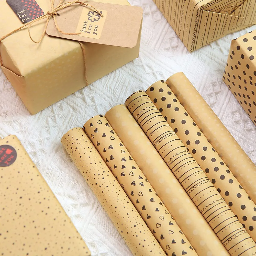 ABRJ-Kraft Gift Wrapping Paper,Birthday Wrapping Paper,6 Sheets Kraft Brown Wrapping Paper With Tags Jute Strings And Sticker