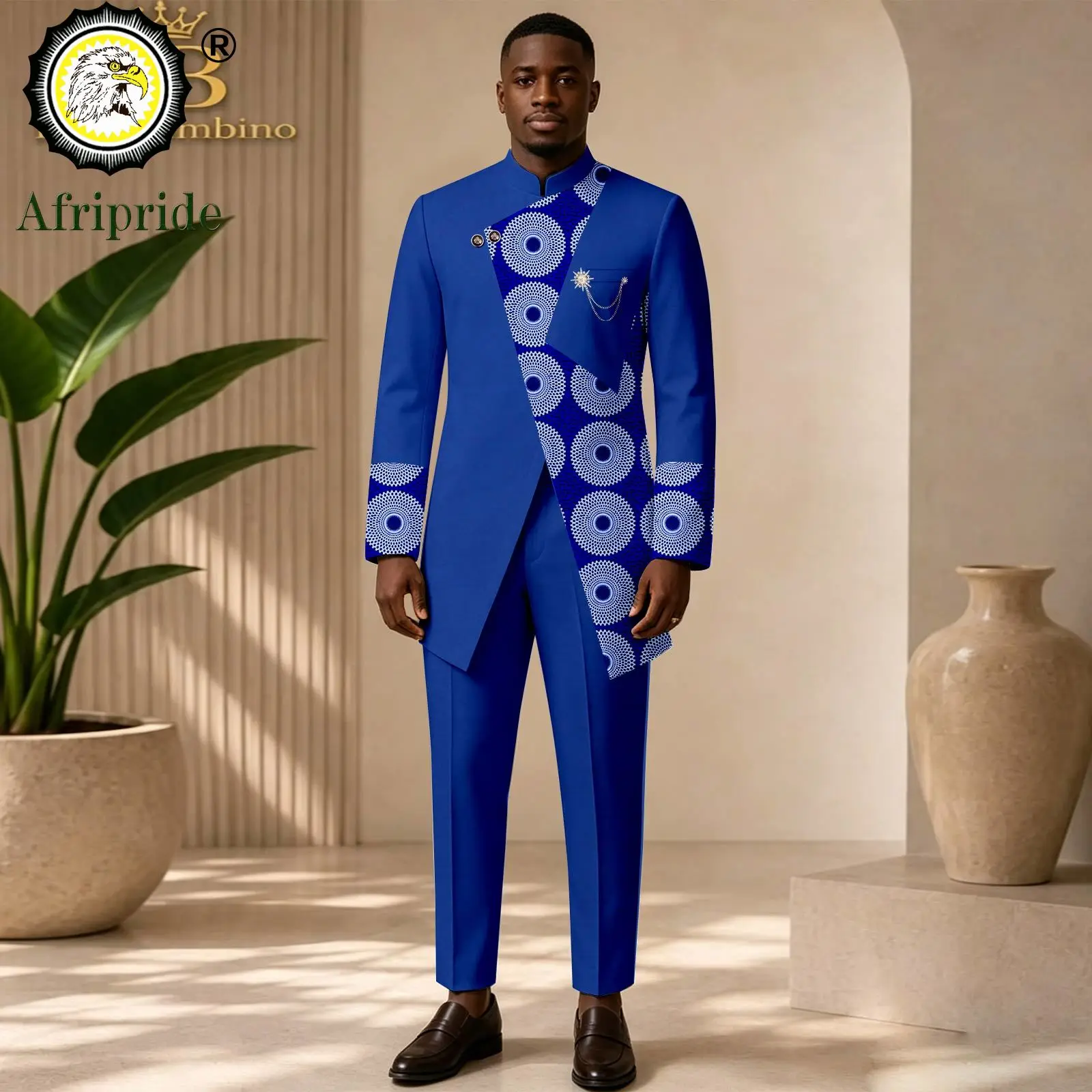 Men`s Business Suit Stand Collar Two Button Print Brooch Blazer and Trousers Set for Men African Clothes Dashiki Wear 2616144
