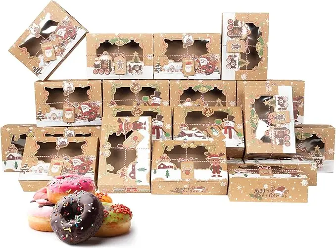 24Pcs Christmas Cookie Box with Window Food Grade Kraft Paper Baking Box with Christmas Design for Cakes Large Size Bakery Boxes