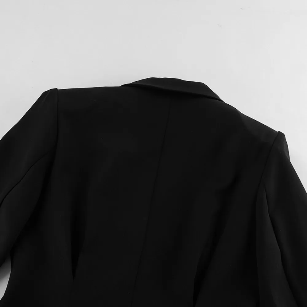 Solid Black Blazer And Skirt Set Notched Lapel Double Button Women Two Piece Suit Slim Fit Waist Pleat Bodycon Mini Skirt Set