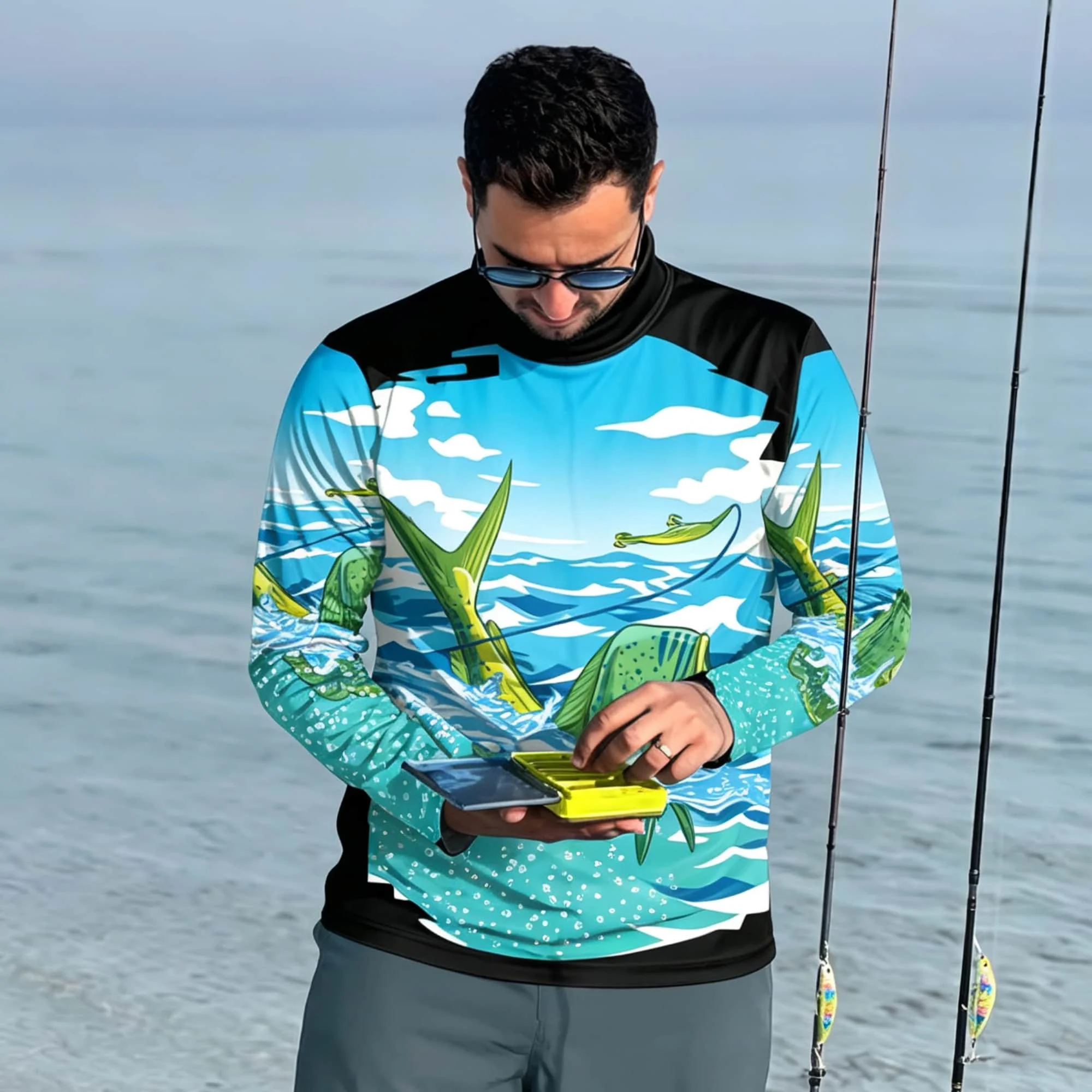 Outdoor Fisherman Long Sleeve T‑Shirt Men Ocean Marlin Sea Wave All‑Over Print Quick Dry Fishing Jersey