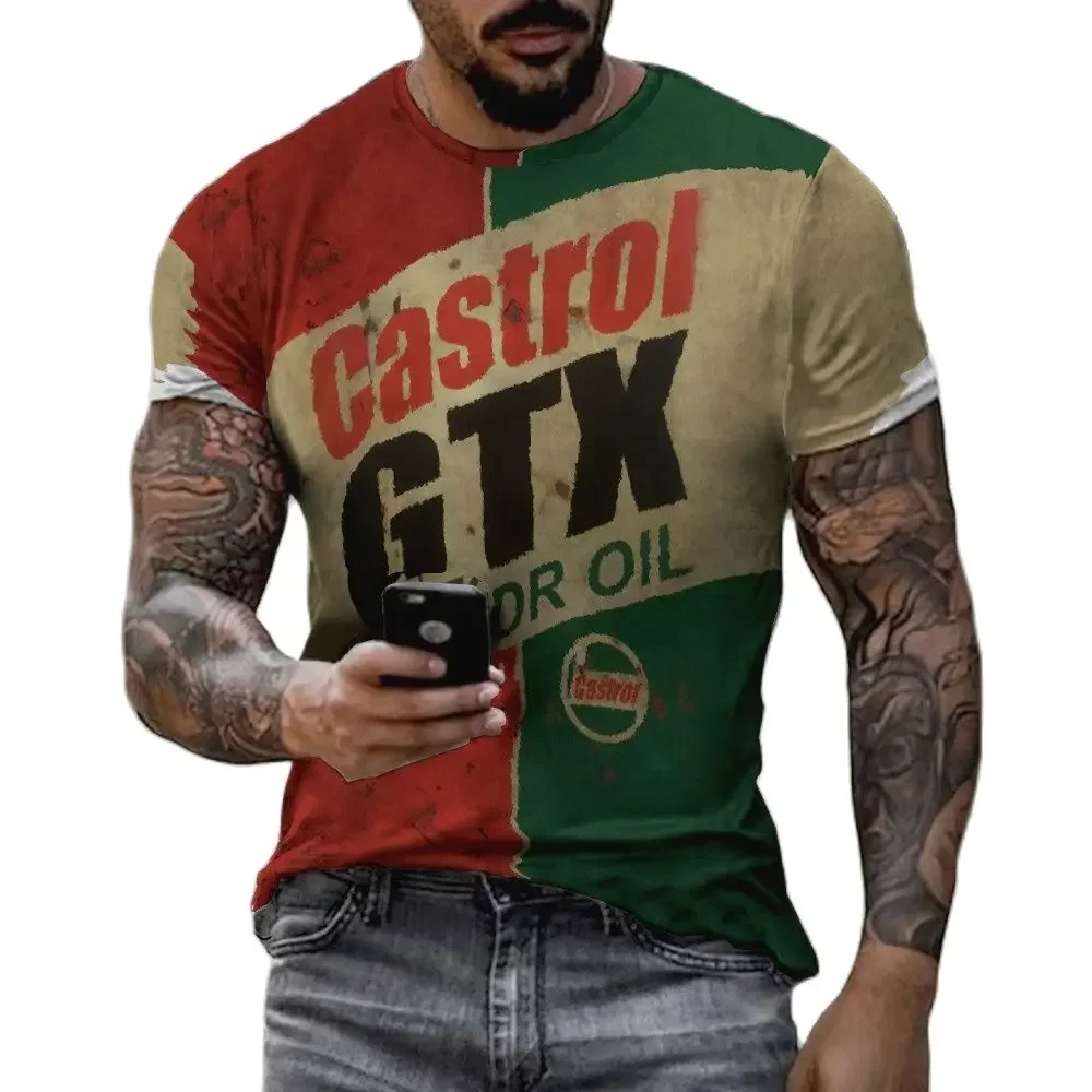 Vintage Castrol T Shirt For Men 3d Oil Print Short Sleeve Tops Street Crew Neck Men's T-shirts Oversized Tee Shirt Man Clothing