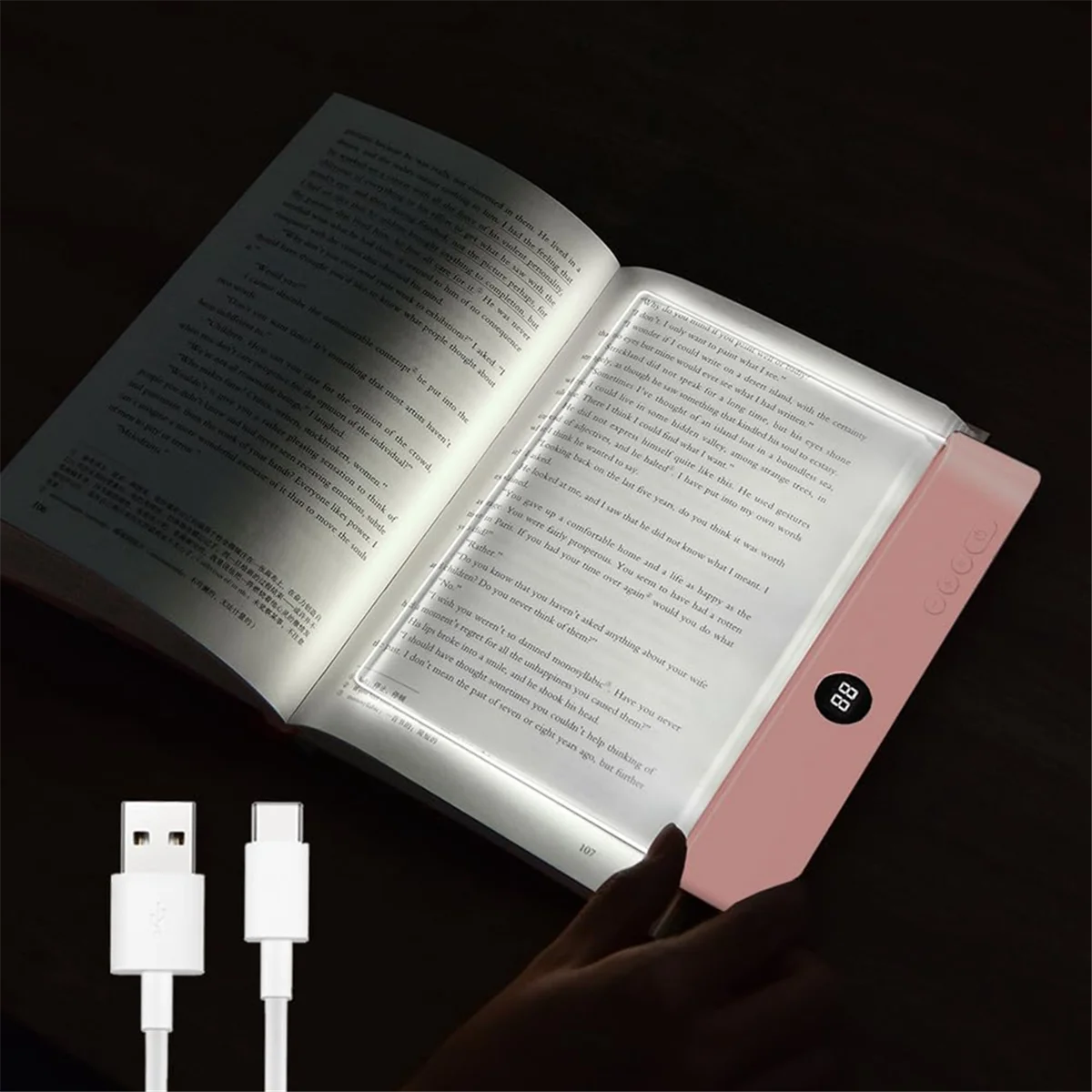 AA98 Book Light, Rechargeable Clear LED Flat Reading Light with 3 Colors & Timer, Plate Lamp Book Full Page Light Pink