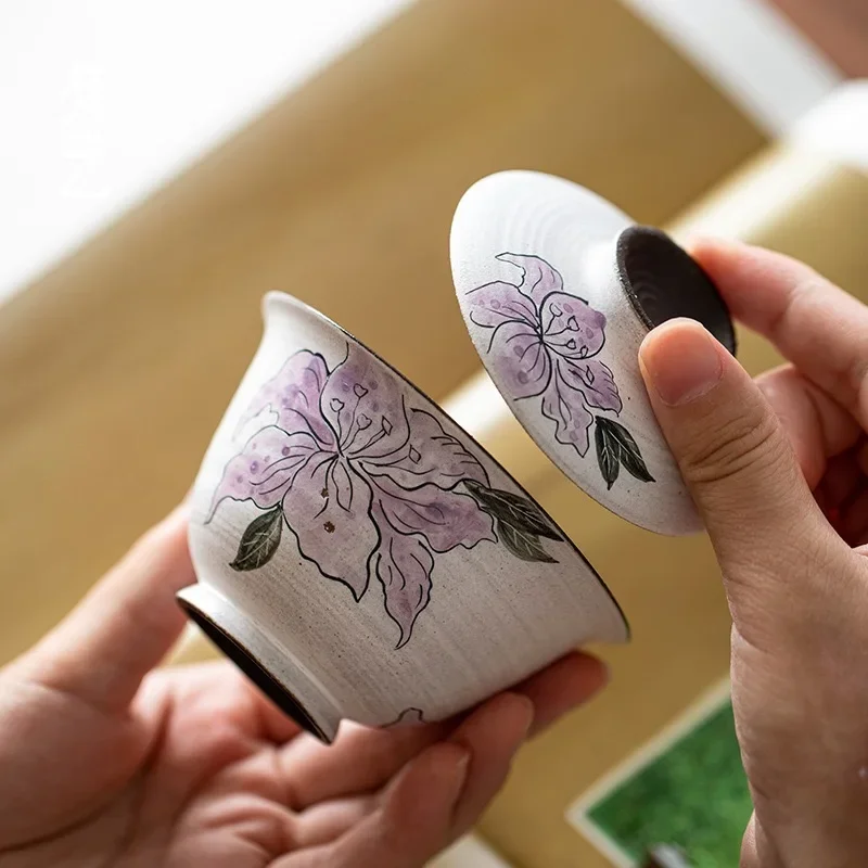 Coarse Pottery Hand-painted Iris Flower Cover Bowl Tea Making Tea Bowl Anti-scalding Tea Sea Divider Ceramic Dry Brewing Plate