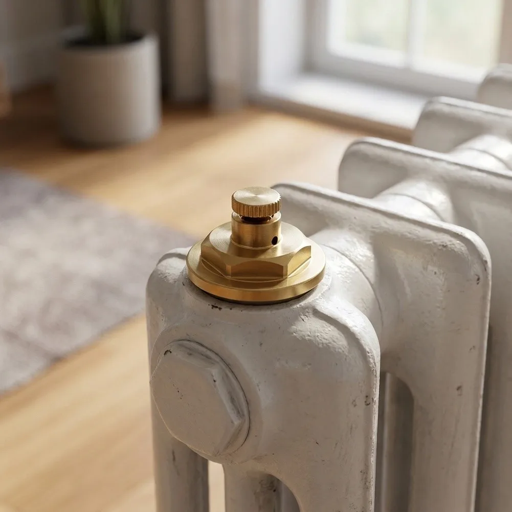 Copper-Bodied Radiator End Cap with Integrated Manual Air Vent Valve for Maintaining Optimal Heat Transfer Efficiency