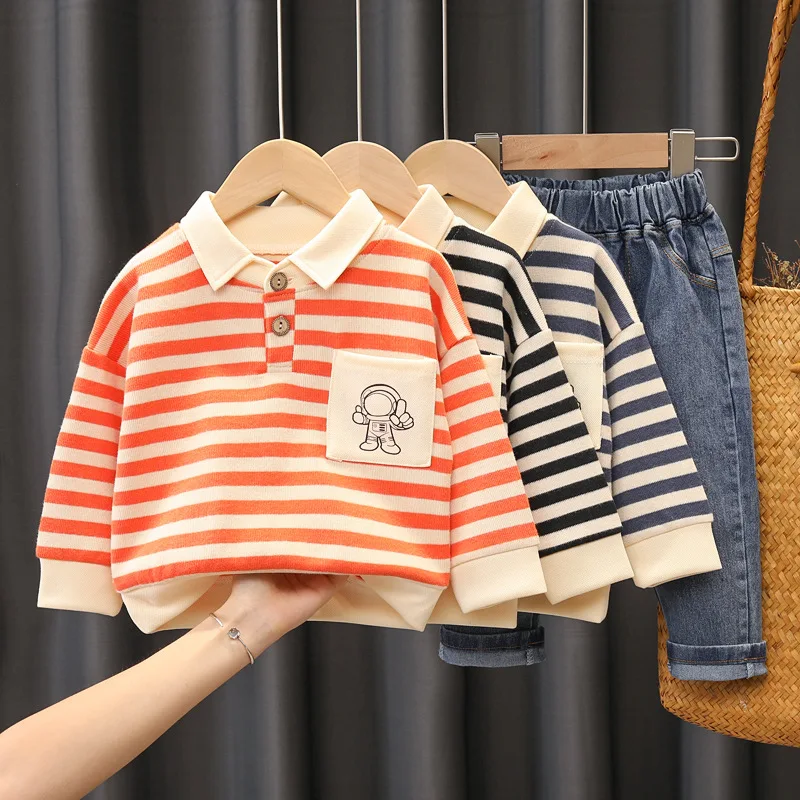New Style Collar Polo Shirt Long-Sleeved Striped T-Shirt for Boys and Girls, 2-5 Years Old - Set of 2 for Casual Dressing