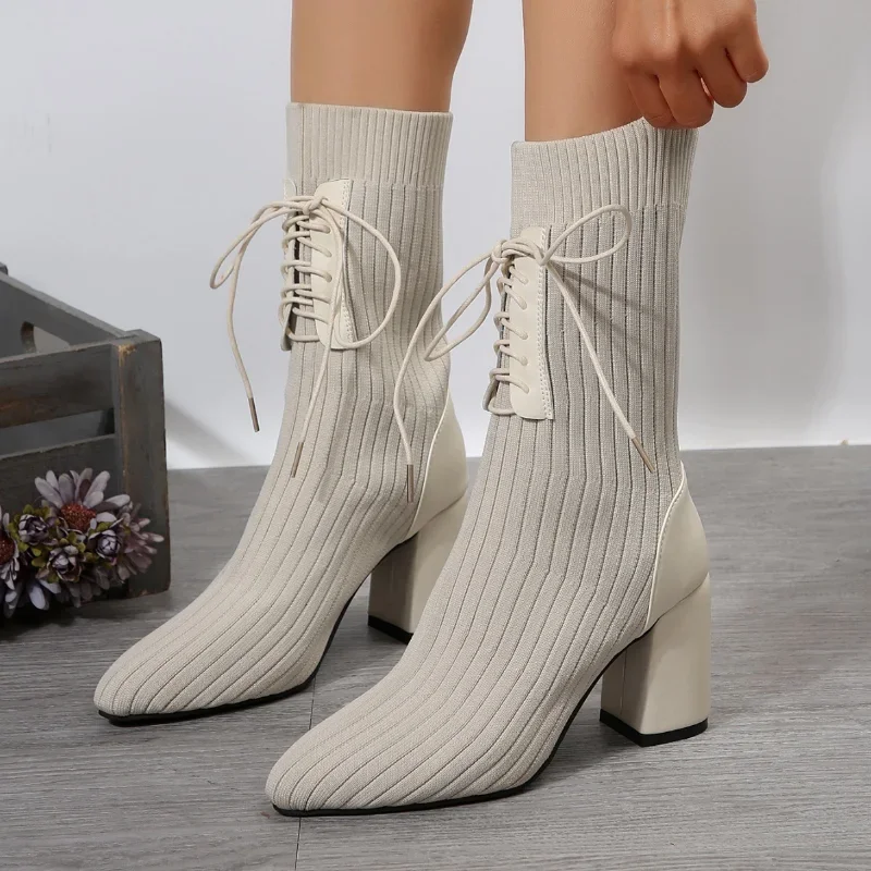 

Women Knit Socks boot Luxury Stretch Fabric Pointed Toe Chelsea Boots lace up Sock High Heels Heeled plus size Ankle Boots