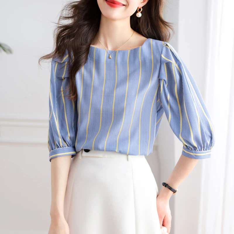 Striped Chiffon Blouses Women Fashion Loose Tops Short Sleeve Office Lady Shirts Blusa Feminina 2023 Summer Korean Woman Clothes