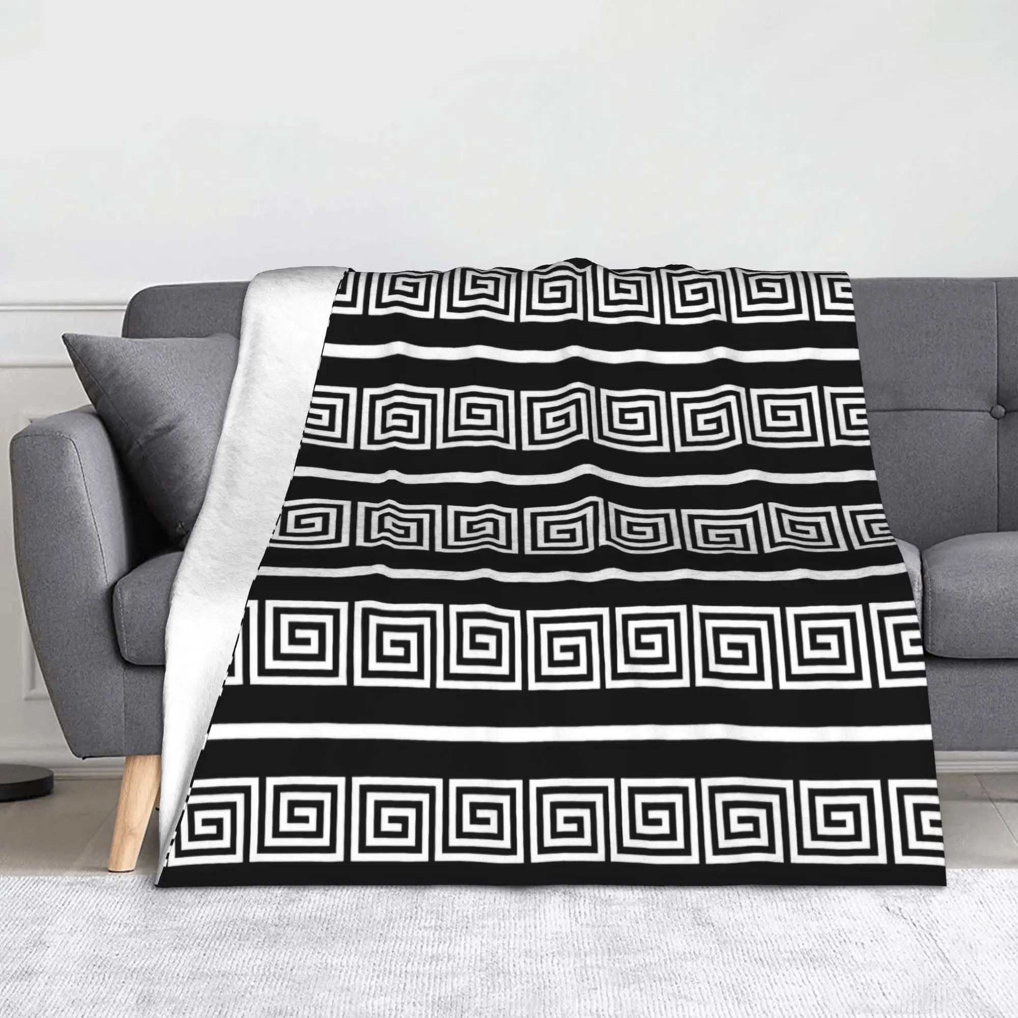 

Greek Key and Line Black and White Blanket Flannel All Season Breathable Ultra-Soft Throw Blankets for Home Office Bedspread