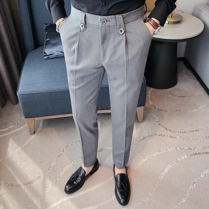 Autumn and Winter New Solid Color Business Formal Pants Men's Fashion Wedding Slim Fit Small Foot Button Decorative Casual Pants