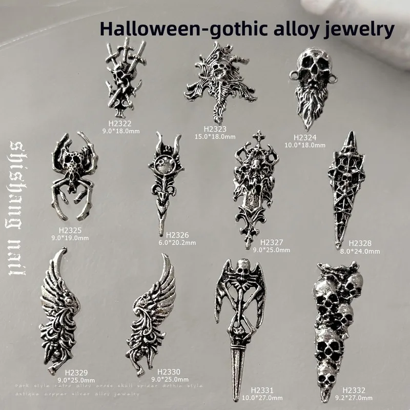 LYLE 12PCS Halloween Gothic Skull Metal Wings Spider 3D Flatback Rhinestone Nail Art Charms DIY Bling Decor Jewelry Mixed Packs