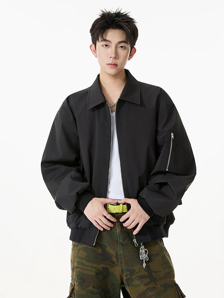 

Men's Casual Loose Fit Collared Jaet Pure Color Spring Autumn American Retro Sle Adstrative Coat Youth Polyester Fiber