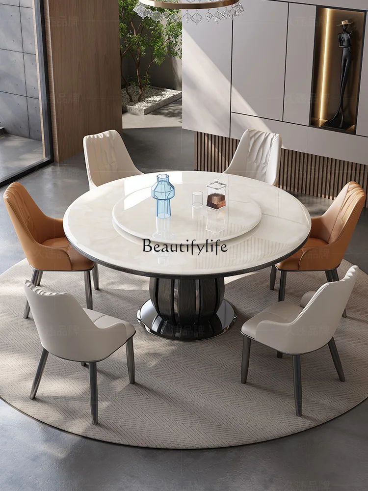 Natural Microlite Solid Wood Small Apartment Simple round Table Modern Light Luxury Marble Dining Tables and Chairs Set