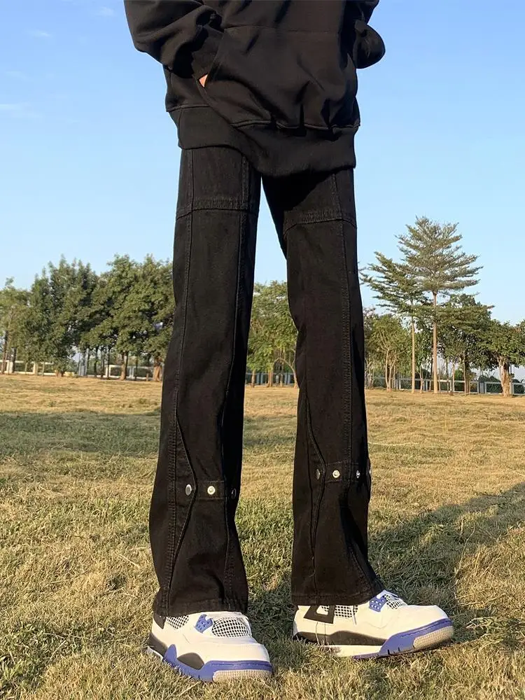 

American High Street Vibe Bla Buttoned Men's Jeans Spring Autumn New Loose Straight Leg Micro Flared Pants Youth Faion