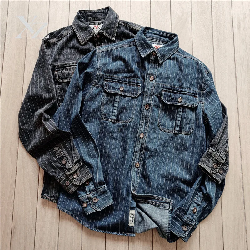 Heavy Duty Washed Vintage Cotton Denim Shirt Men's Casual American Style Autumn Winter Striped Workwear Long Sleeve Shirt