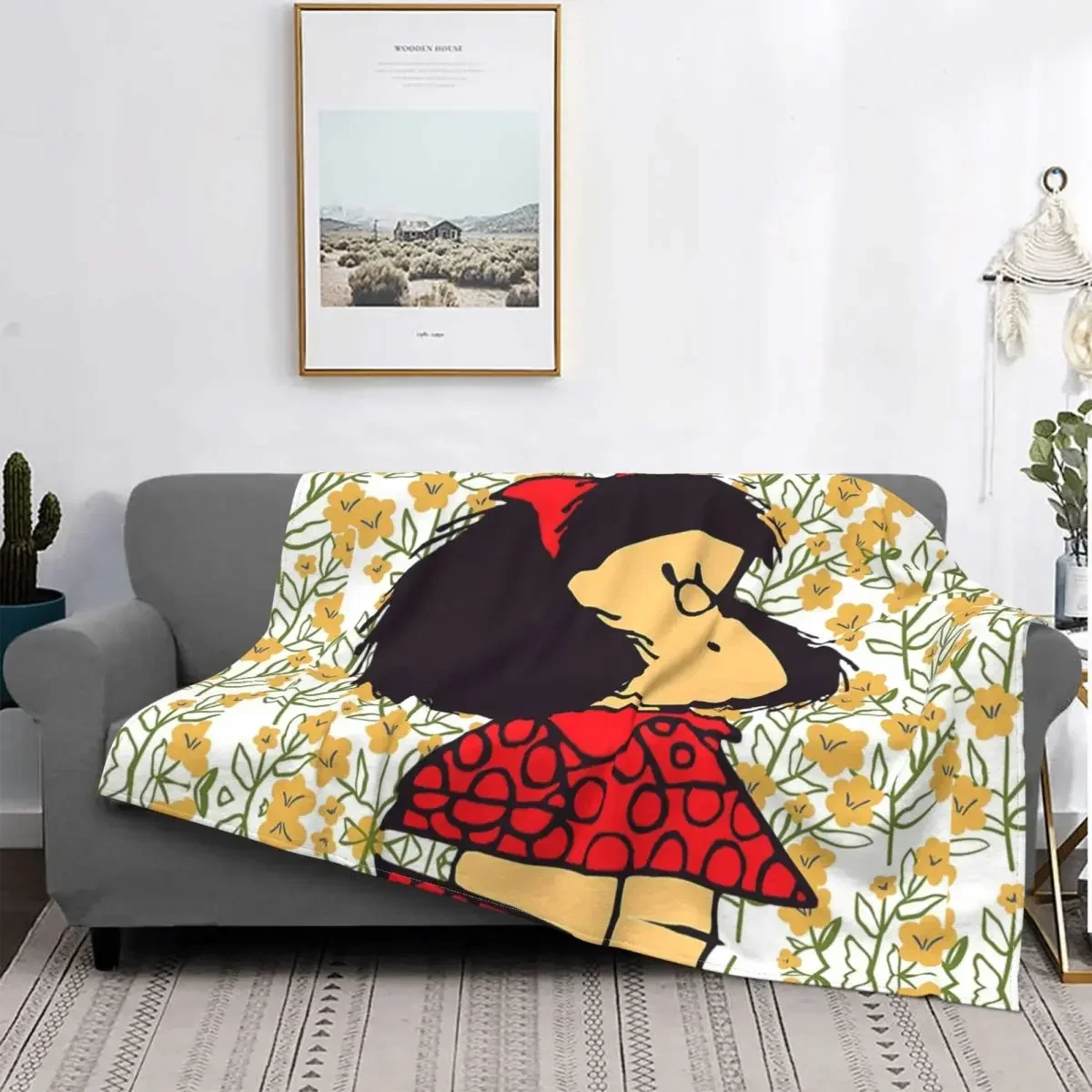 Mafalda And Flowers Coral Fleece Plush Throw Blanket Kawaii Cartoon Blanket for Sofa Outdoor Lightweight Bedspread