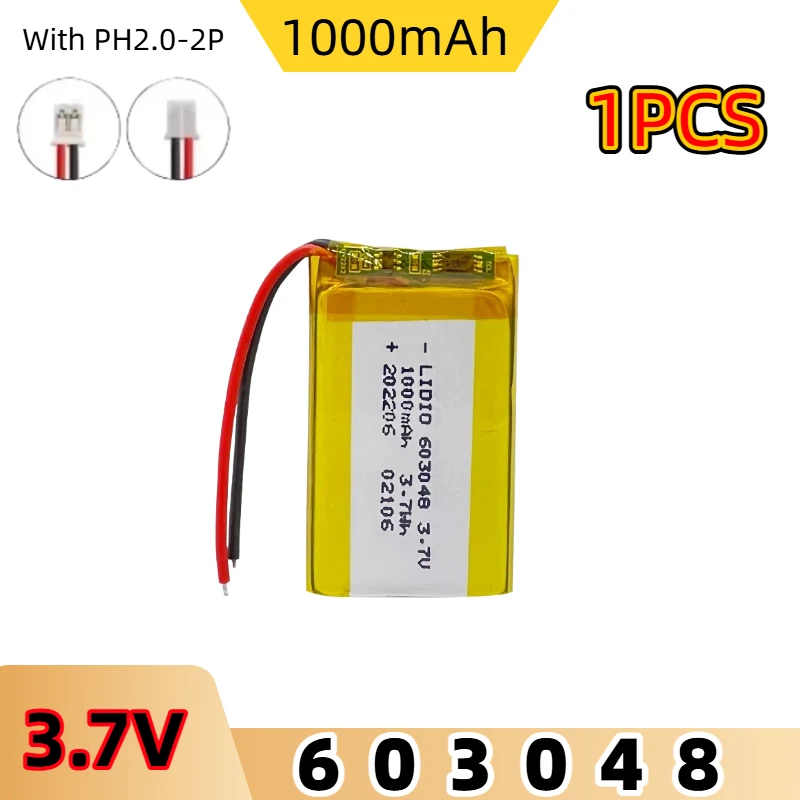 3.7V 1000mAh 603048 Lipo Rechargeable Battery With PH2.0mm 2Pin Plug For Headset E-book Camera GPS DVD MP3 Bluetooth Recorder