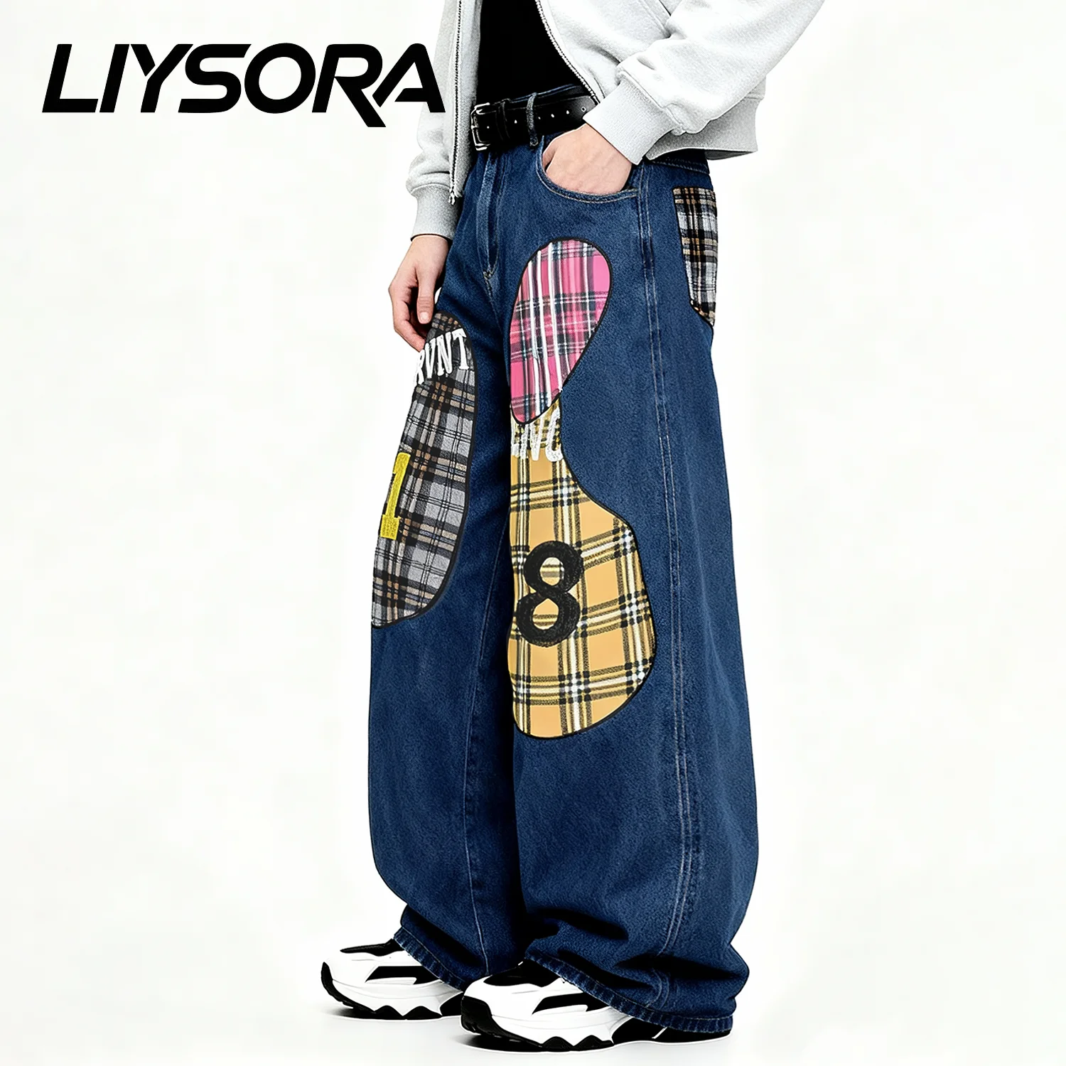 الرجال الموضة الأزرق الرجعية فضفاض واسعة الساق الجينز الكورية الشارع منقوشة التصحيح النسيج العصرية العلامة التجارية فضفاض الدنيم السراويل للجنسين الملابس #4