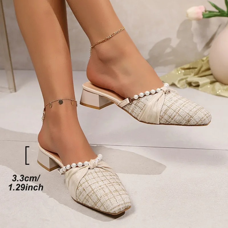

Apricot Womens Slippers with Mid Heel Close Toes Pearl Bow Anti Slip Versatile 2025 New Spring Summer Fabric Fashion Slippers