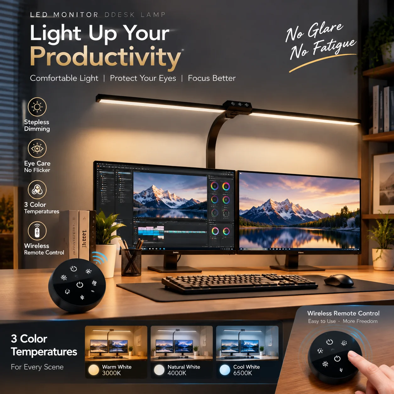 Doppelkopf-LED-Schreibtischlampe, dimmbar, PC-Monitorleuchte, USB-Tischlampe, Leselampe, Augenschutz, 3 Farbmodi, für Büro
