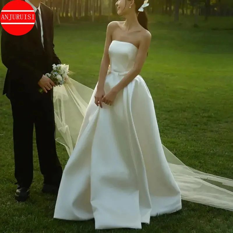 

Elegant A-line Wedding Dress For Women Classic Sexy Strapless Bridal Dresses Floor-length Satin Simple Sukienka Na Wesele