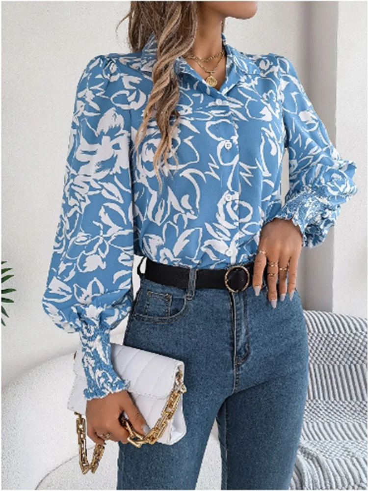 Elegant Floral Printed Button Lapel Long Sleeve Fashion Women's Casual Street Stylish Autumn Spring Top