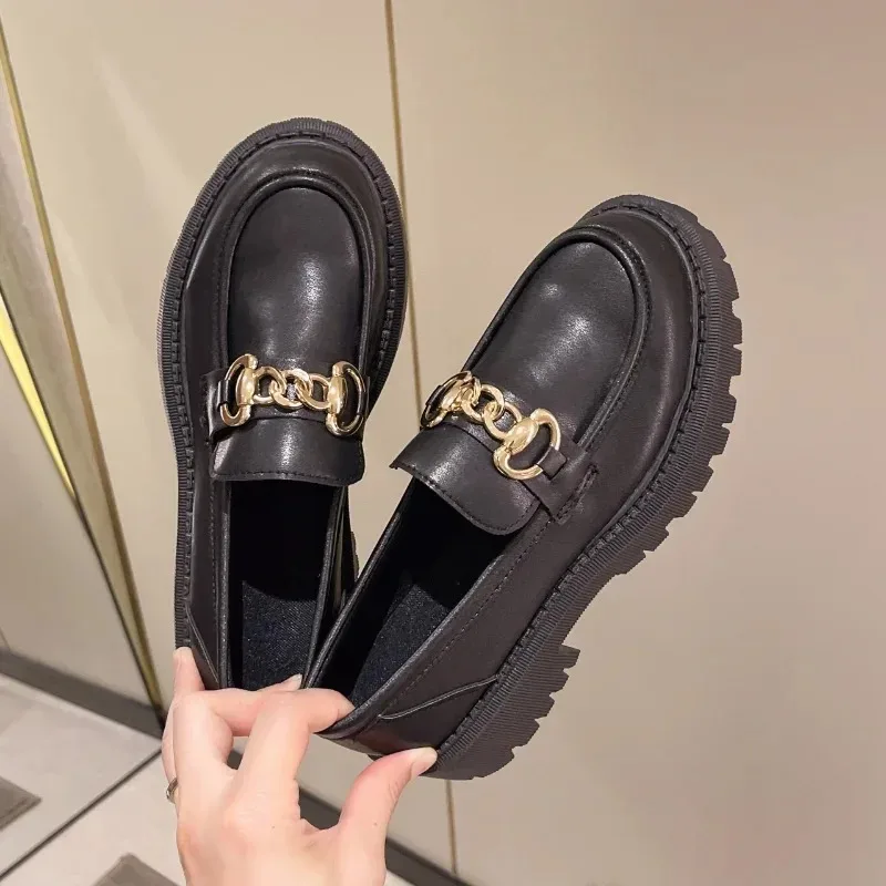 2024 Female Shoes Women Fashion  Round Toe Flats Loafers Oxfords Platform Casual Metal Chain Buckle Ladies Heels Black