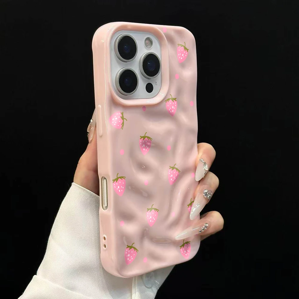 Einfache Handyhülle mit Erdbeer-Polka-Dots für iPhone 17 16 15 14 13 12 11 Pro Max 14 Plus 17Air, Falten-Wellen-Design, weiche Silikonhülle – Detail 9
