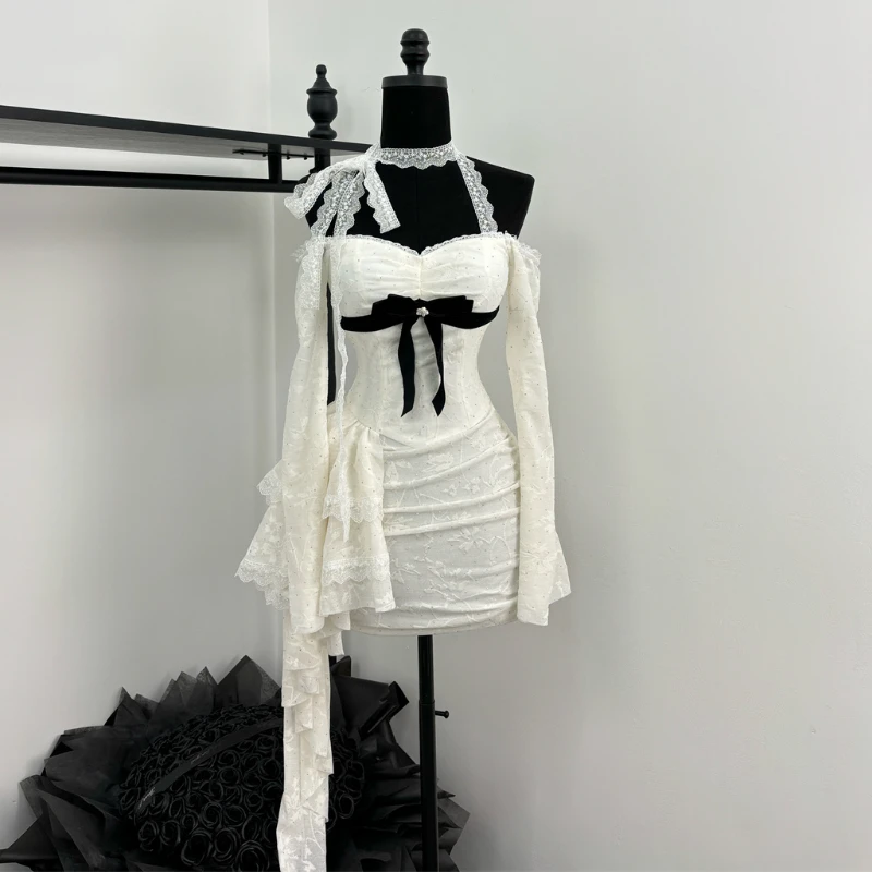 Jesień Japońska Lolita Kawaii Seksowna Elegancka Sukienka Kobieta Kokarda Y2k Design Vintage Krótka Impreza Mini Sukienka Kobieca Koronkowa Szykowna Odzież