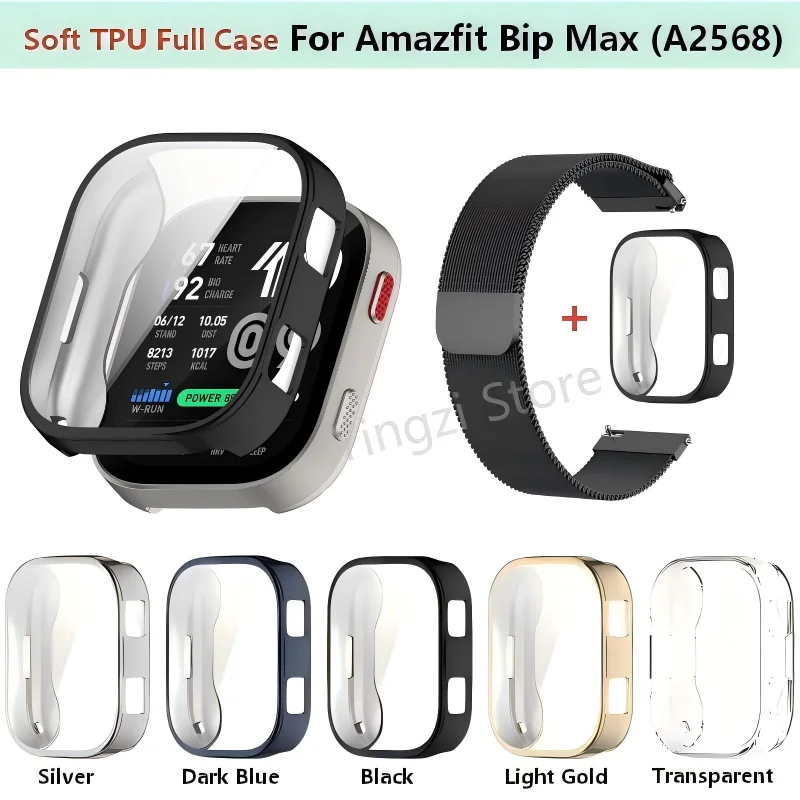 Capa Completa de TPU + Pulseira Milanesa para Smartwatch Amazfit Bip Max A2568, Capa Protetora Macia, Acessórios Huami