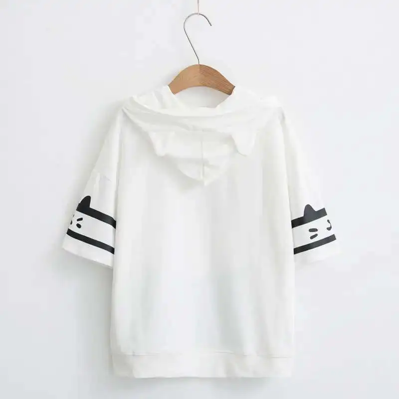 Mori Women Harajuku Kawaii Graphic T Shirt 2025 Summer Teen Girl Cat Ears Hooded T-shirt Short Sleeve Japanese Letter Print Top