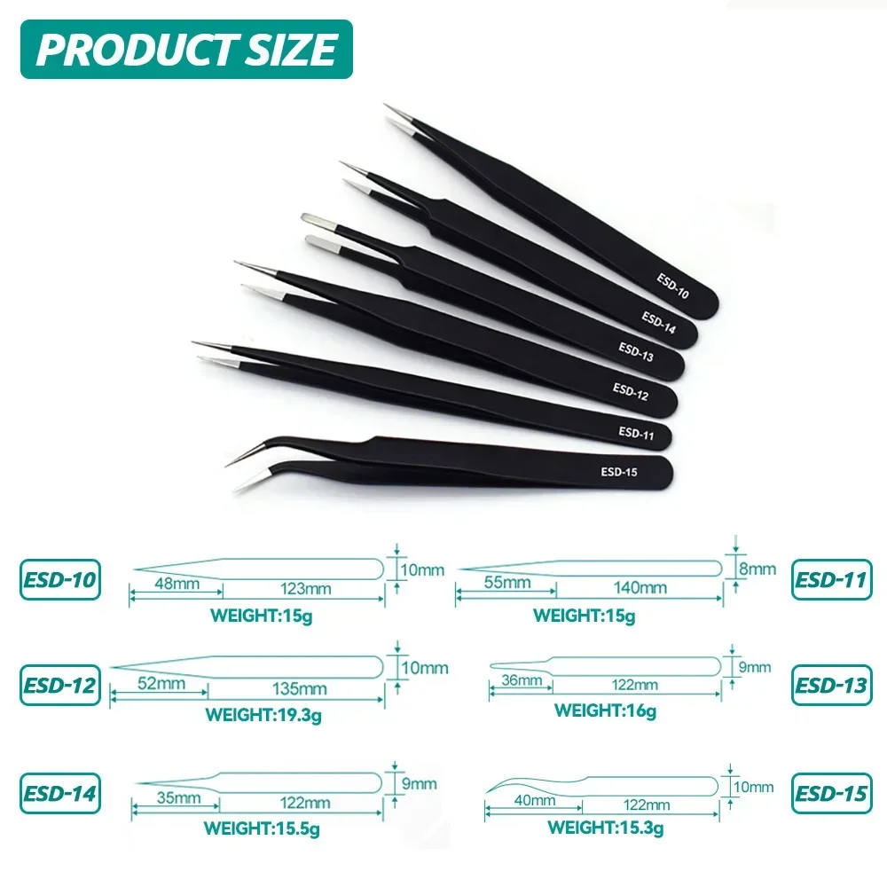 Pinzas de acero inoxidable antiestáticas ESD, mantenimiento de precisión, herramienta curva de reparación Industrial, fabricación de modelos de