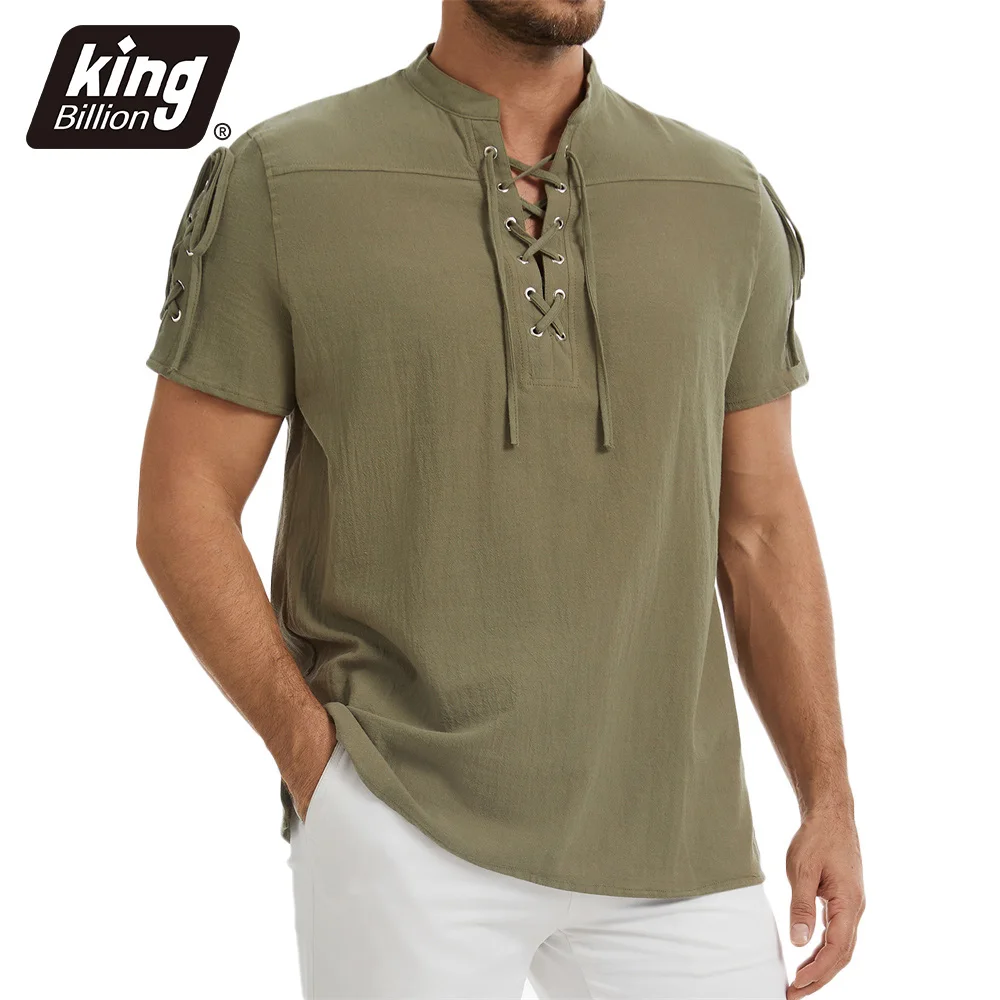 Men's Cotton Linen-like Short Sleeve Shir Lace-up Solid Color Vintage Gothic Style Pirate Tops Henley Neck Lightweight Tees