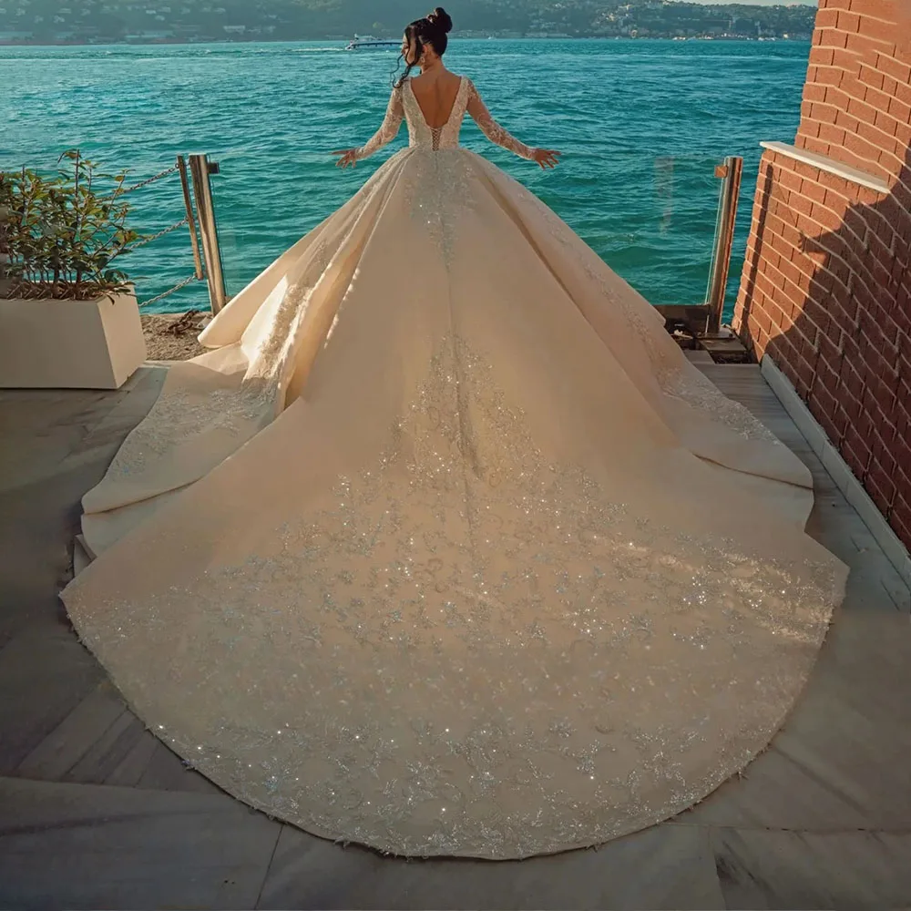 Squisito colletto quadrato abito da sposa applique in pizzo con perline maniche lunghe abiti da sposa personalizzati abiti da festa per le vacanze delle donne